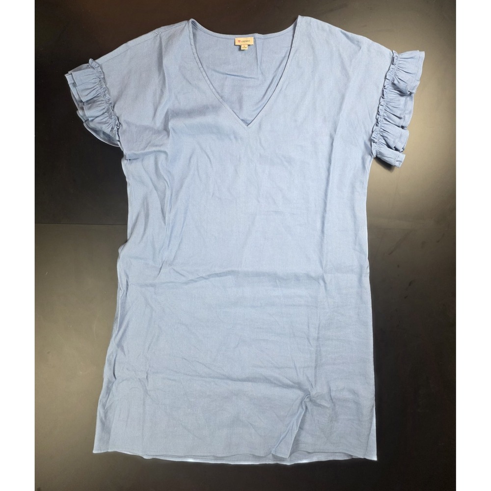 Cremieux Women's Blue Ruffle Cap Sleeve V Neck Shift Dress Size Medium Linen